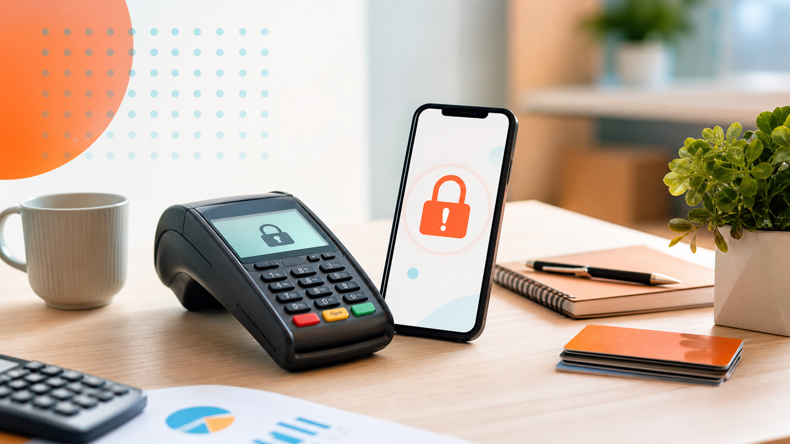 Maquininha de cartão e celular com alerta de bloqueio