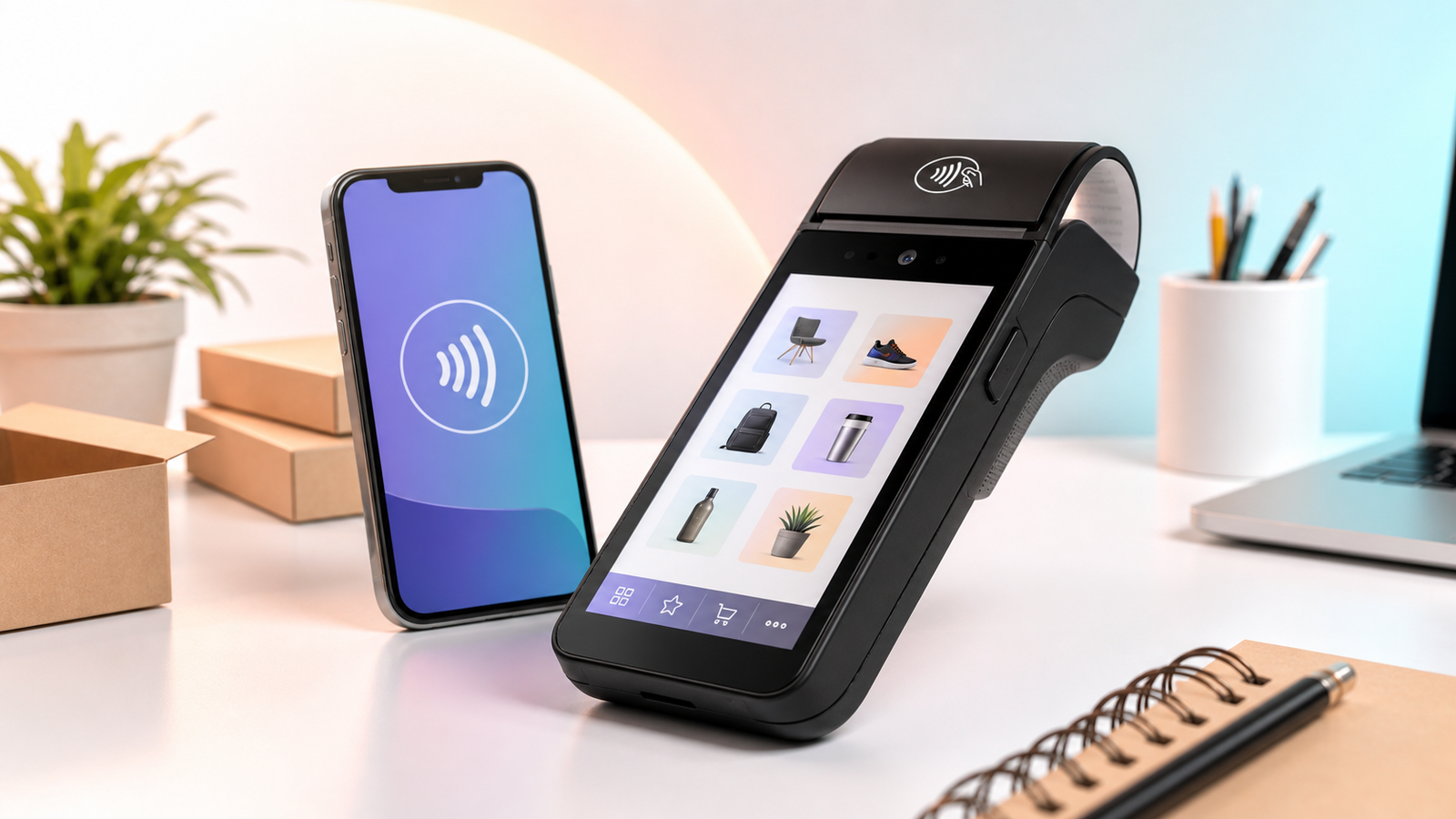 Maquininha smart e celular com pagamento por aproximação