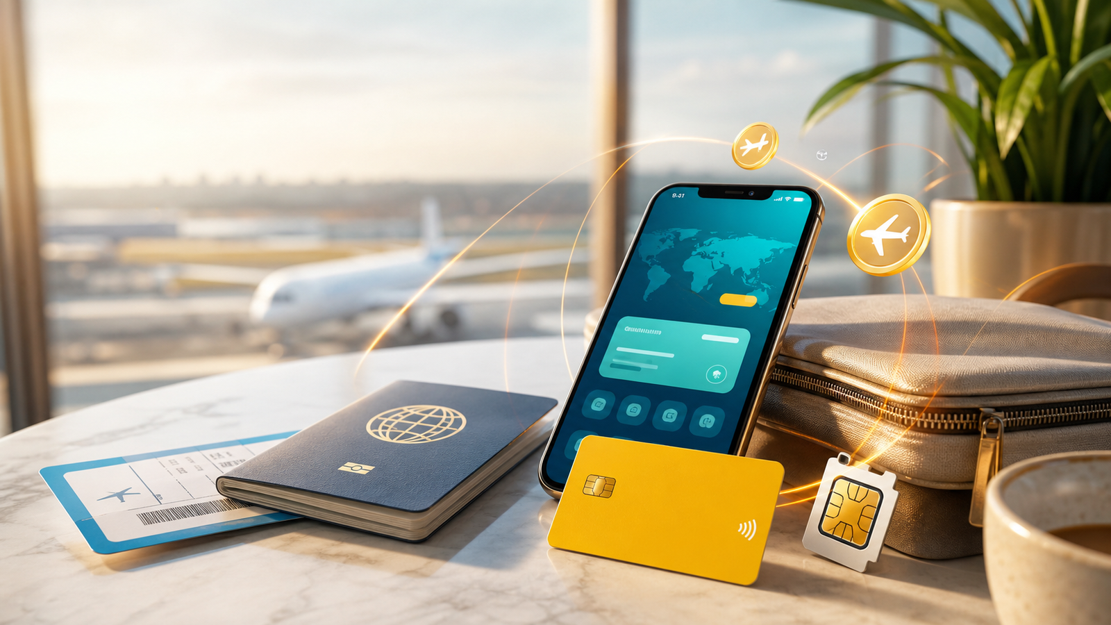 Mesa de viagem com passaporte, celular, cartão internacional e símbolos de milhas